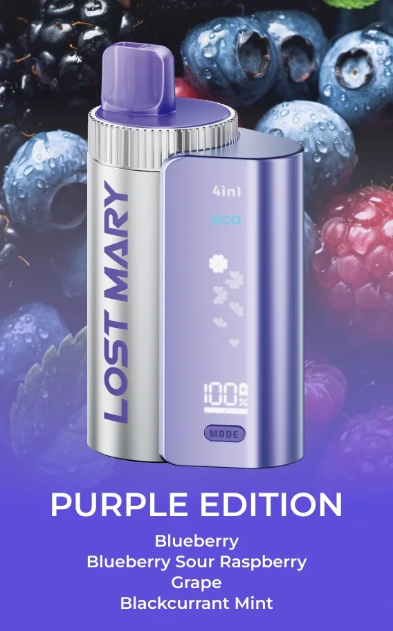 Lost Mary 4-in-1 Purple Edition pod pack with Blueberry, Grape, Blackcurrant Mint and Blueberry Sour Raspberry flavors at iSmokee Kissimmee